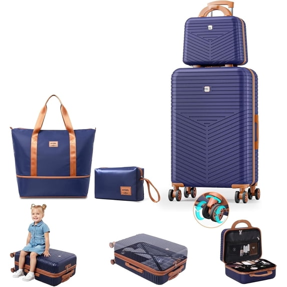 SANOPY 20" Carry-On Luggage Set, Hardside 4PCS Lightweight ABS+PC Suitcase Set Spinner Wheels, Blue