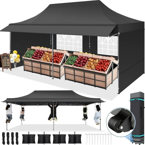 SANOPY 10x20 Outdoor Commercial Canopy, Waterproof and Sunshade Canopy with Awning Eaves for Street Commercial Event, Heavy Duty Pop Up Canopy, Black