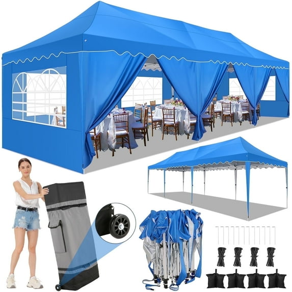 SANOPY 10X30 Party Tents Heavy Duty Pop up Canopy Tent with 8 Sidewalls for 30 People Large Wedding Canopy Windproof Waterproof Outdoor Canopy Roller Bag & 4 Sandbags, Blue
