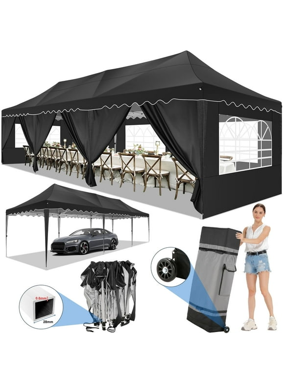 SANOPY 10X30ft Party Tents Heavy Duty Commercial Pop Up Canopy Tent with 8 Sidewalls Suit for 30 Persons Large Wedding Canopy Windproof Waterproof UPF50+ Outdoor Canopy w/Roller Bag &4 Sandbags,Black
