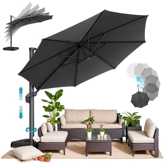 SANOPY 10ft Cantilever Patio Umbrella with Steel Base 5 Tilt Adustable Outdoor Market Patio Umbrella 360 Degree Rotation Offset Cantilever Patio Umbrella, Gray