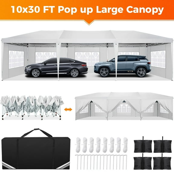 SANOPY 10ft x 30ft White Pop up Outdoor Canopy, Portable and 8 Sidewalls