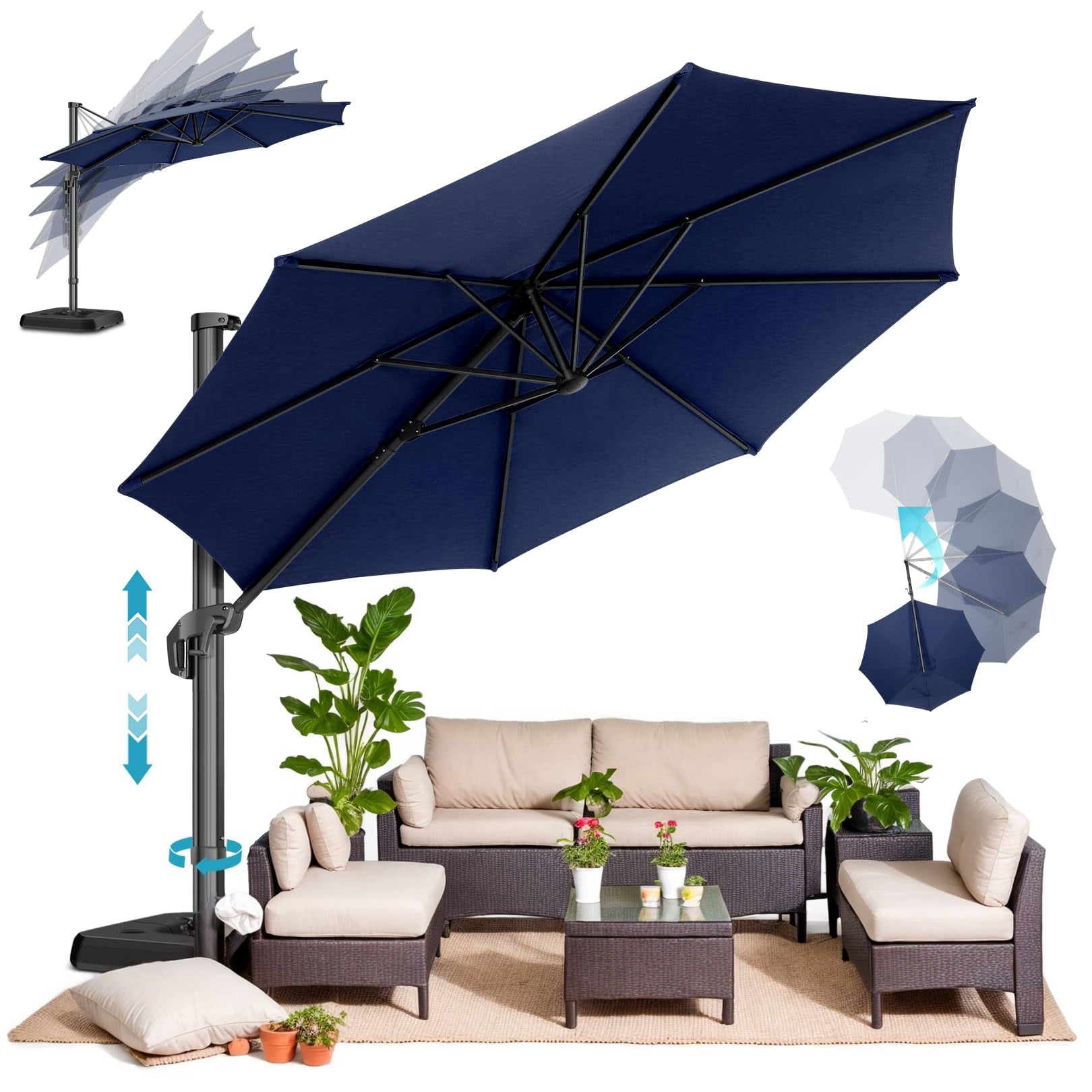 SANOPY 10ft Cantilever Patio Umbrella Outdoor Patio Umbrella, 360 Degree Rotation Steel Market Patio Umbrella with Steel Base, Crank, Tilt Button, Deep Blue