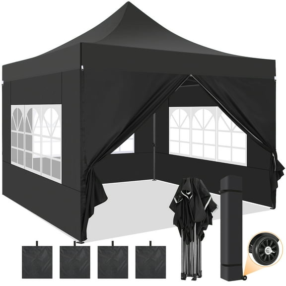 SANOPY 10x10 FT Pop Up Canopy Tent Outdoor Heavy Duty Commercial Instant Shelter Waterproof Party Tent Gazebo with 4 Removable Sidewalls, Roller Bag and 4 Sandbags, Black