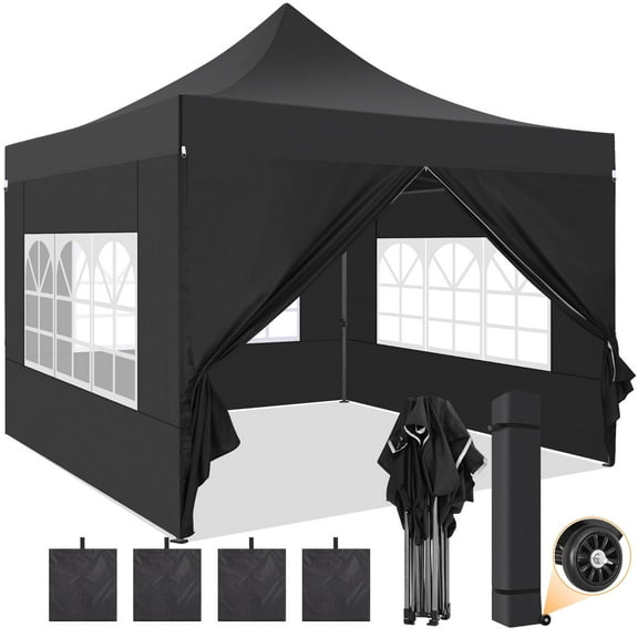 SANOPY 10x10 FT Pop Up Canopy Tent Outdoor Heavy Duty Commercial Instant Shelter Waterproof Party Tent Gazebo with 4 Removable Sidewalls, Roller Bag and 4 Sandbags, Black
