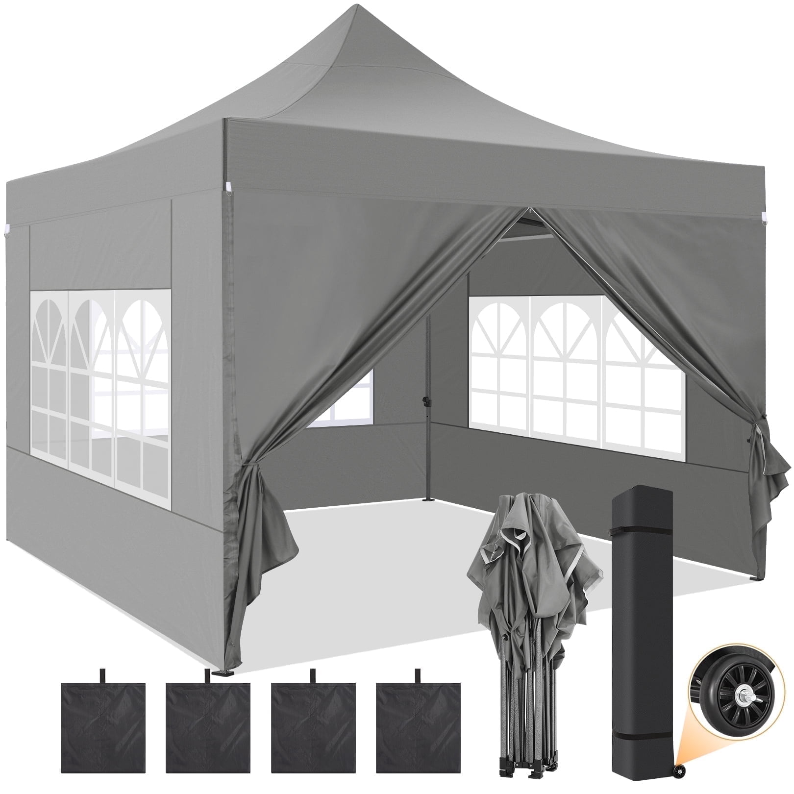 SANOPY 10x10 FT Heavy Duty Pop up Canopy , Commercial Canopy Tent, Adjustable Height Party Tent with 4 Removable Sidewalls, 4Sandbag，Rollerbag, Gray