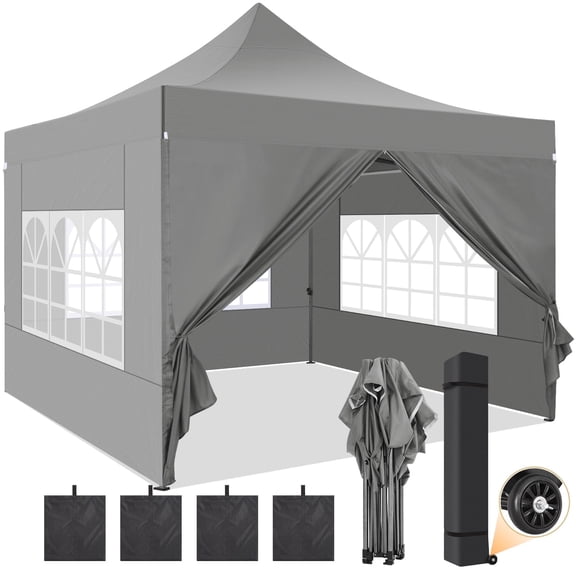 SANOPY 10x10 FT Heavy Duty Pop up Canopy , Commercial Canopy Tent, Adjustable Height Party Tent with 4 Removable Sidewalls, 4Sandbag，Rollerbag, Gray
