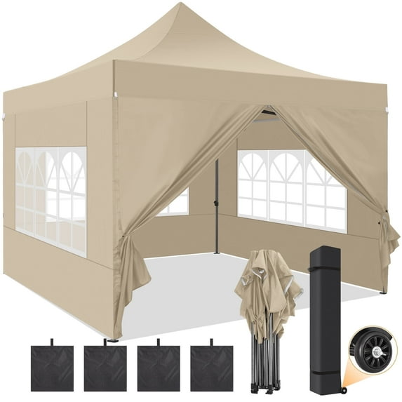 SANOPY 10x10 FT Pop Up Canopy Tent Outdoor Heavy Duty Commercial Instant Shelter Waterproof Party Tent Gazebo with 4 Removable Sidewalls, Roller Bag and 4 Sandbags, Khaki