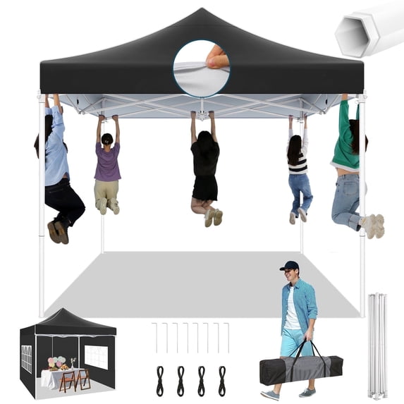 SANOPY 10x10 Heavy Duty Pop Up Canopy Tent with 4 Sidewalls, Commercial Instant Waterproof Canopy Tent, UV 50+ with Silver Coated, Upgraded Thickened Hexagonal Legs, Black