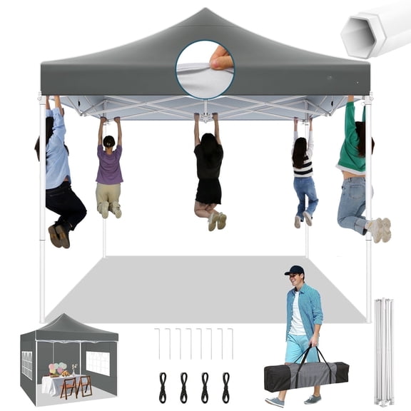 SANOPY 10x10 Heavy Duty Pop Up Canopy Tent with 4 Sidewalls, Commercial Instant Waterproof Canopy Tent, UV 50+ with Silver Coated, Upgraded Thickened Hexagonal Legs, Gray