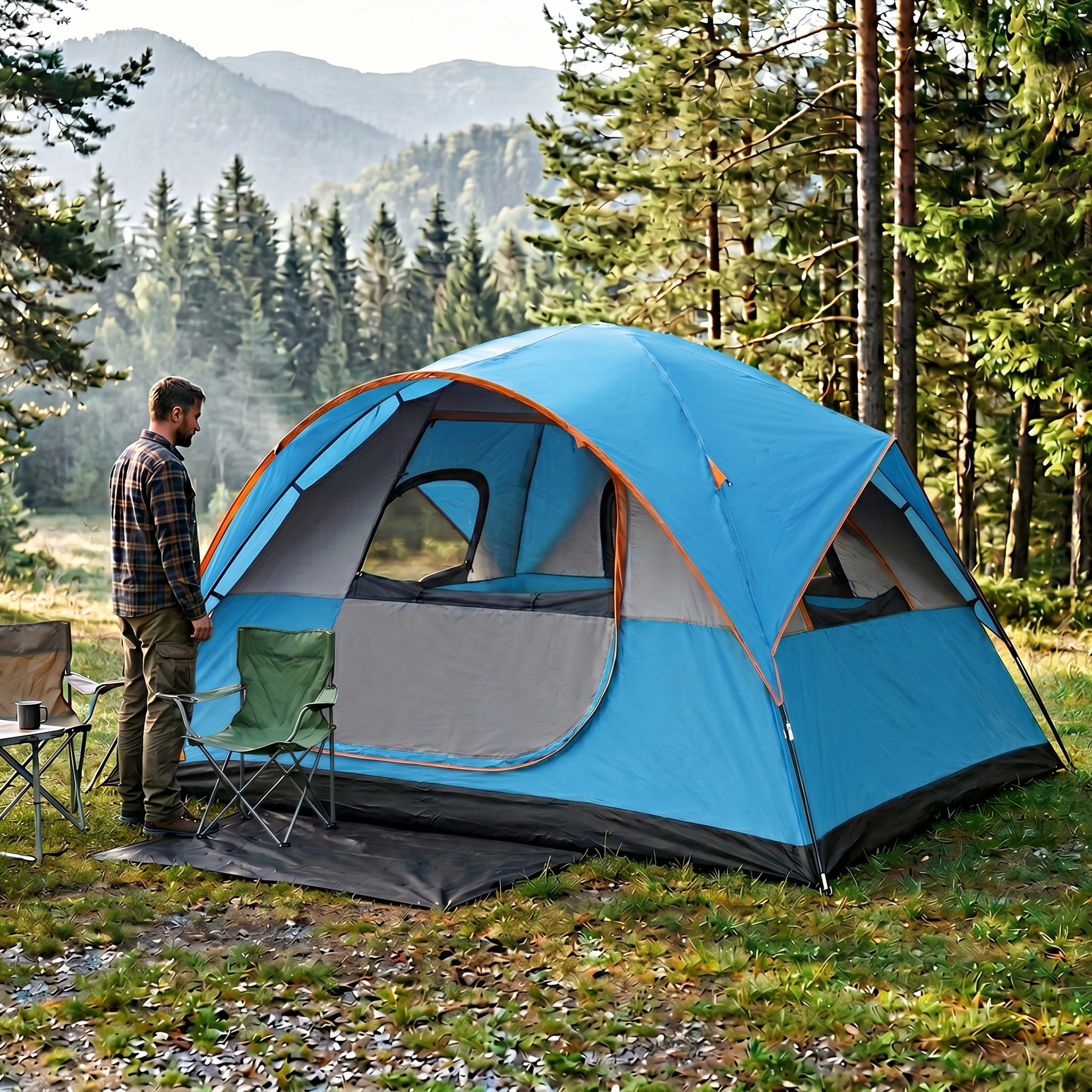 SANOPY 6-8 Person Instant Camping Tent with Removable Rainfly, Auto Setup Pop Up Tent for Family Outdoor /Hiking/Traveling with Carry Bag, Light Blue