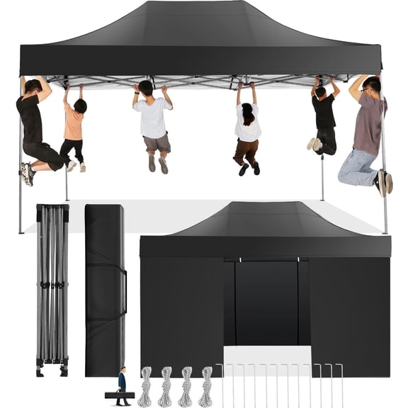 SANOPY 10x15 ft Heavy Duty Pop up Canopy Tent, Commercial Adjustable Height Party Tent with 4 Removable Sidewalls and Handbag, Black
