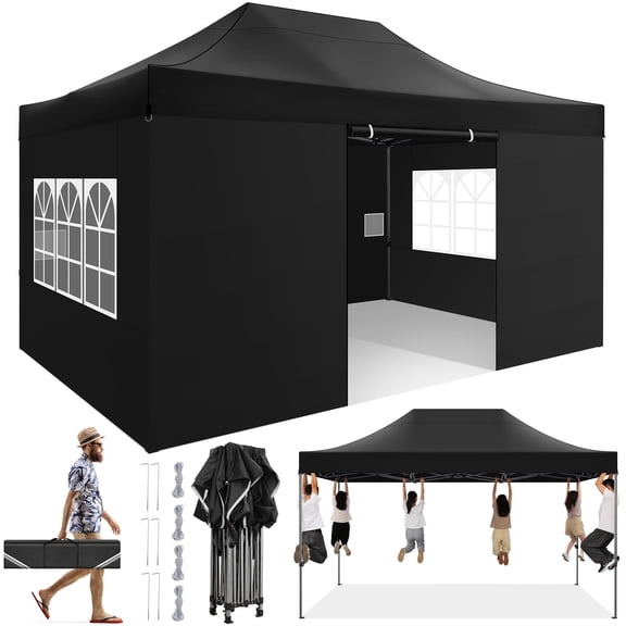 SANOPY 10x15 FT Pop Up Canopy with 4 Sidewall,Heavy Duty Canopy UPF 50+ All Season Wind Waterproof Commercial Outdoor Wedding Party Tents for Parties Canopy Gazebo with Carry Bag(Black)