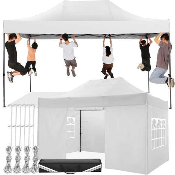 SANOPY 10x15 ft Heavy Duty Pop up Canopy Tent, Commercial Adjustable Height Party Tent with 4 Removable Sidewalls and Handbag, White