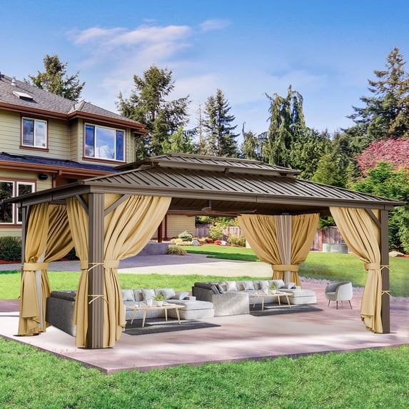 SANOPY 10'x15' Hardtop Gazebo, Outdoor Patio Aluminum Frame Permanent Gazebo with Galvanized Steel Roof for Backyard, Deck, Lawns, Brown