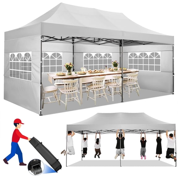 SANOPY 10x20 FT EZ Pop Up Canopy Anti-UV Waterproof Outdoor Tent Portable Party Commercial Instant Canopy Shelter Height Adjustable Tent Gazebo with 6 Removable Sidewalls, 4 Sandbags, Roller Bag