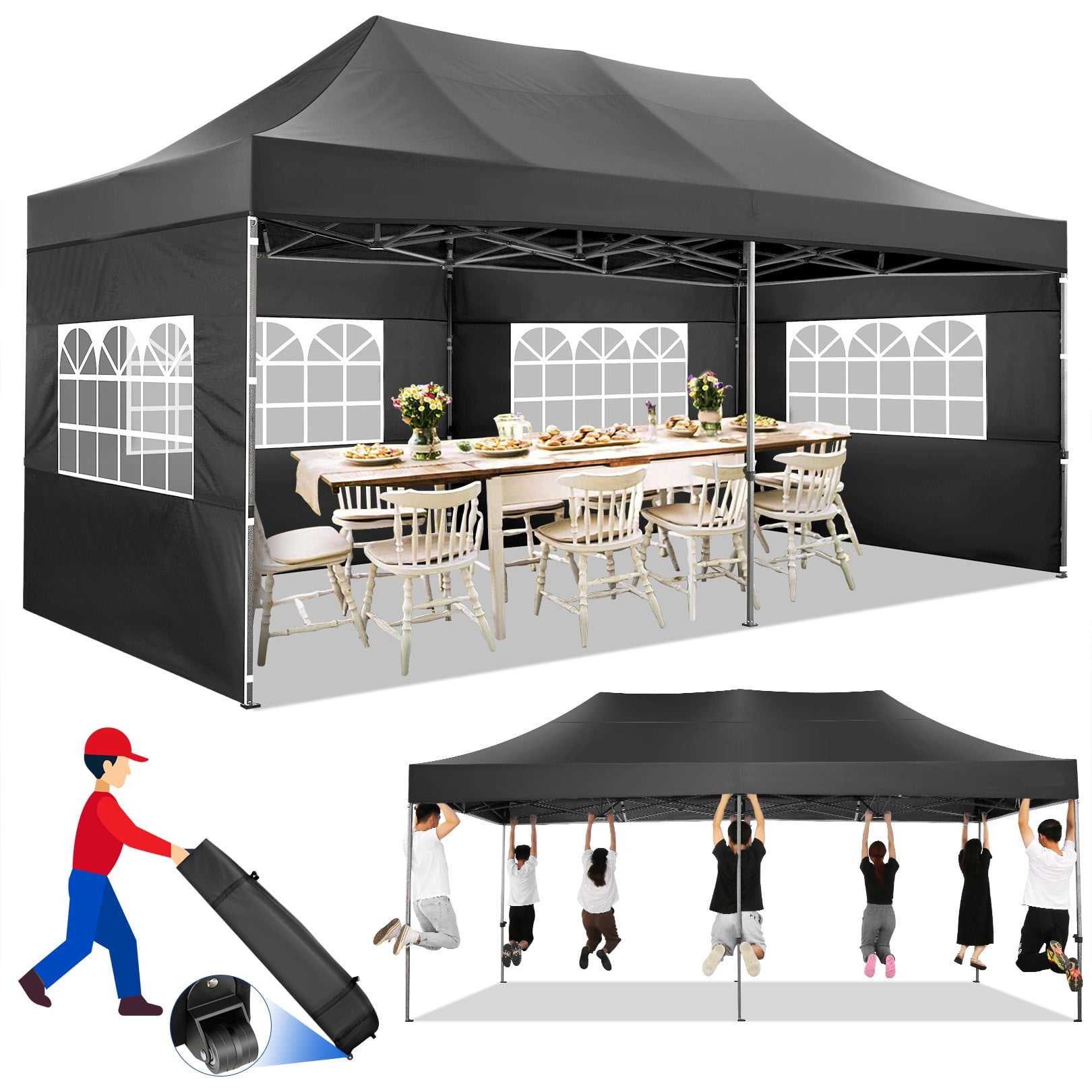 Black 10' x 20' Alloy Steel Outdoor Canopy Tent with Side Walls