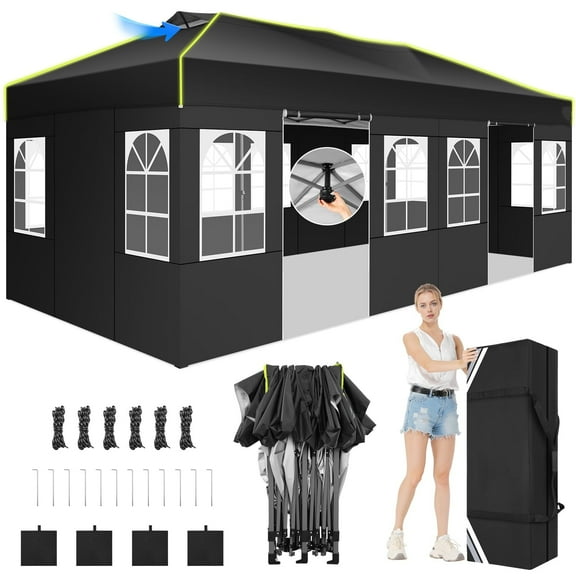 SANOPY 10x20 FT Pop Up Canopy Gazebo with 6 Removable Sidewalls One Push Waterproof Instant Portable Outdoor Tent with Air Vent for Parties Wedding, 3 Adjustable Height, Carry Bag, Rope, Stakes