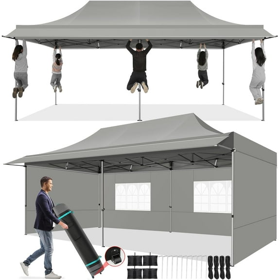 SANOPY 10x20 FT Pop Up Canopy Tent with Awning,Heavy Duty Canopy UPF 50+ All Season Wind Waterproof Commercial Outdoor Street Vendors Party Tents for Parties Canopy with Roller Bag