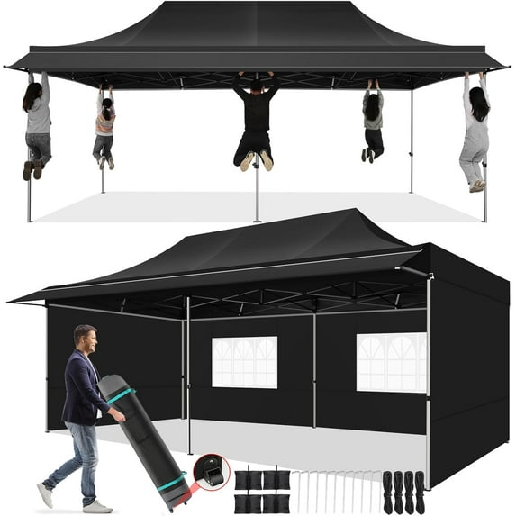 SANOPY 10x20 FT Pop Up Canopy Tent with Awning,Heavy Duty Canopy UPF 50+ All Season Wind Waterproof Commercial Outdoor Street Vendors Party Tents for Parties Canopy with Roller Bag
