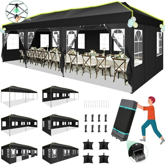SANOPY 10x30 FT Pop Up Canopy with 8 Sidewalls, Party Tent for Wedding with 3 Adjustable Height, Outdoor Commercial Canopy Waterproof UPF50+ with Air Vent