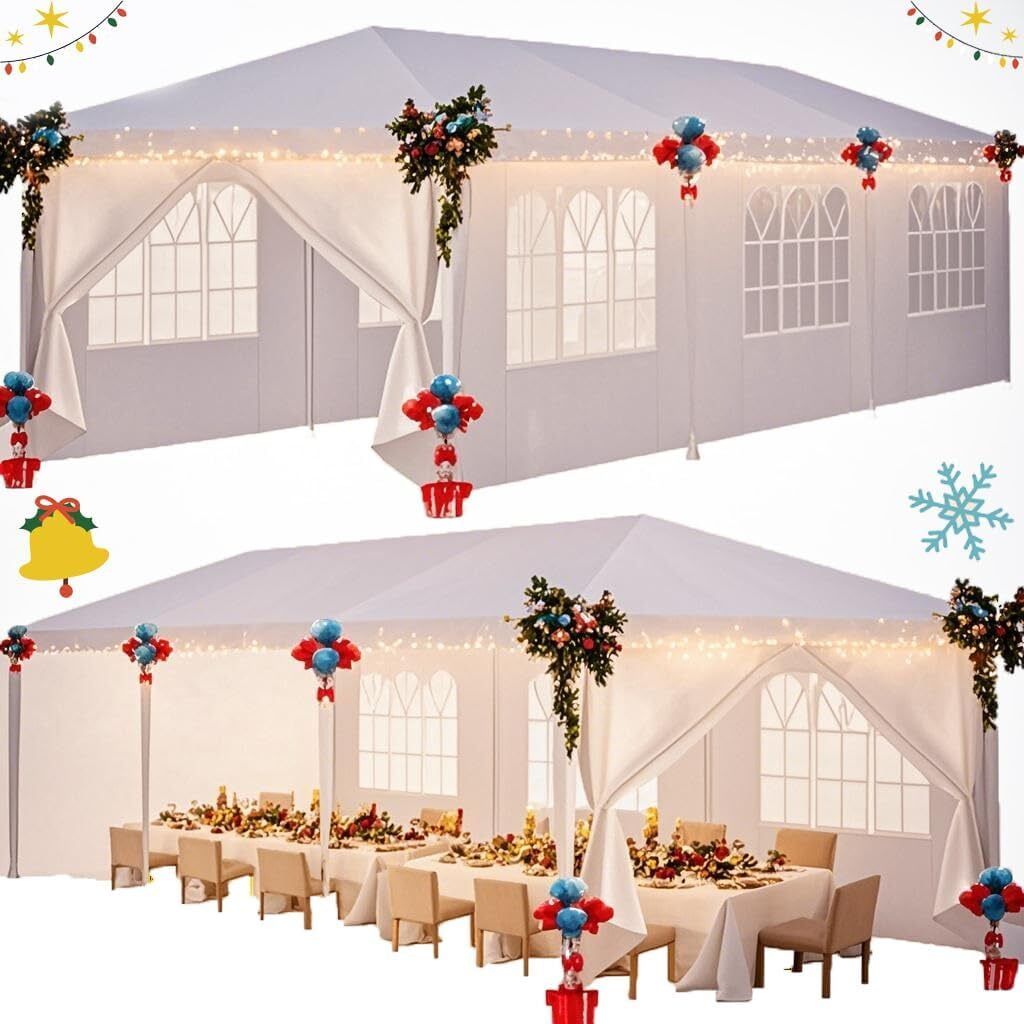 SANOPY 10x30 Party Tents with 8 Removable Sidewalls, Outdoor Waterproof Shade Canopy Tent for Weddings and Events, White