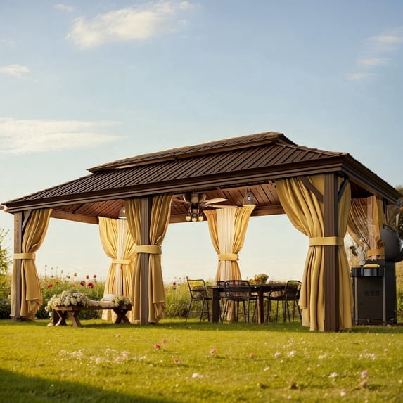 SANOPY 12'x20' Hardtop Gazebo, Outdoor Patio Aluminum Frame Permanent Gazebo with Galvanized Steel Roof for Backyard, Deck, Lawns, Brown