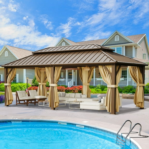 SANOPY 12x20ft Hardtop Gazebo with Galvanized Steel Double Roof with Netting and Curtains Aluminum Frame Outdoor Permanent Pavilion Hardtop Gazebo for Patio, Backyard, Deck, Lawns, Brown