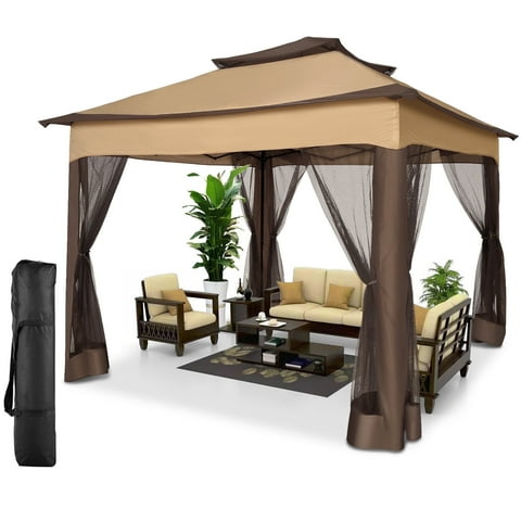 SANOPY 11 x 11 ft Outdoor Pop up Gazebo with Ventilated Double Roof, Steel Canopy for Patios, Backyard, Garden and Beach, Brown