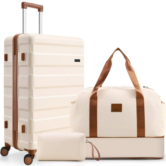 SANOPY Luggage Sets 3 PCS, ABS Lightweight Suitcase Dual-Spinner Wheel TSA Lock, Hardshell Carry on Luggage with Expandable Travel Bag, Beige
