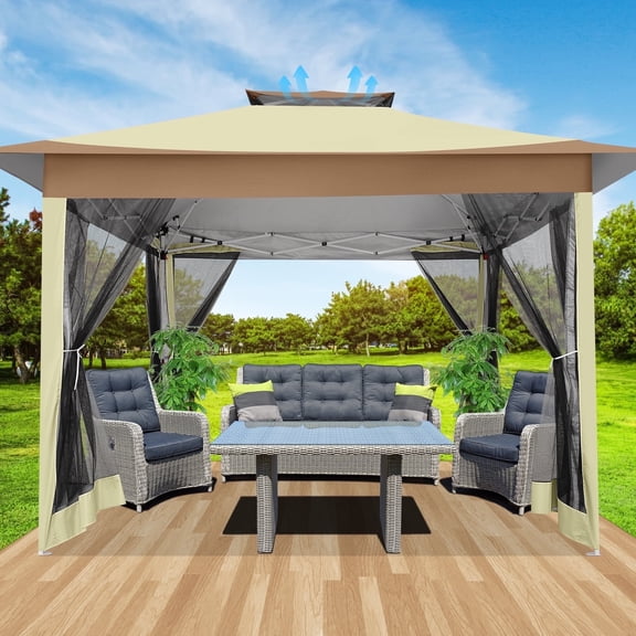 SANOPY 12x12FT Outdoor Pop up Gazebo with Mosquito Netting, Shade and Rain Instant Patio Canopy with 4 Sandbags for Garden Backyard, Light Brown