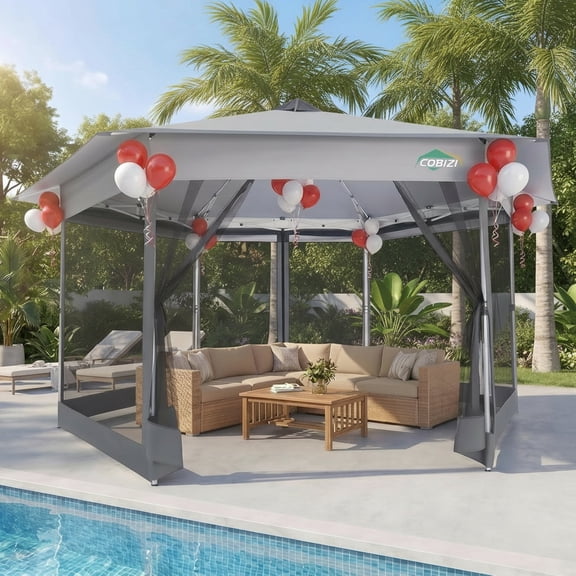 SANOPY 16'x16' Pop up Gazebo with 6-Sided Mosquito Netting, Patented Center Lock Pop up Screen Gazebo Canopy Instant Shelter for Deck and Lawns, Light Gray