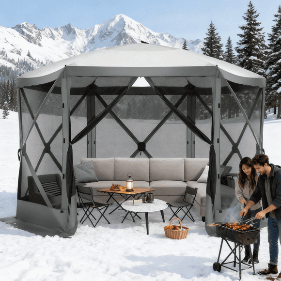 SANOPY 12'x12' Gazebo Outdoor Pop up Gazebo Screen Tent with 6 Sides Mosquito Netting Camping Gazebo Instant Shelter Glamping Tent with Carry bag, Ground Spike, Gray