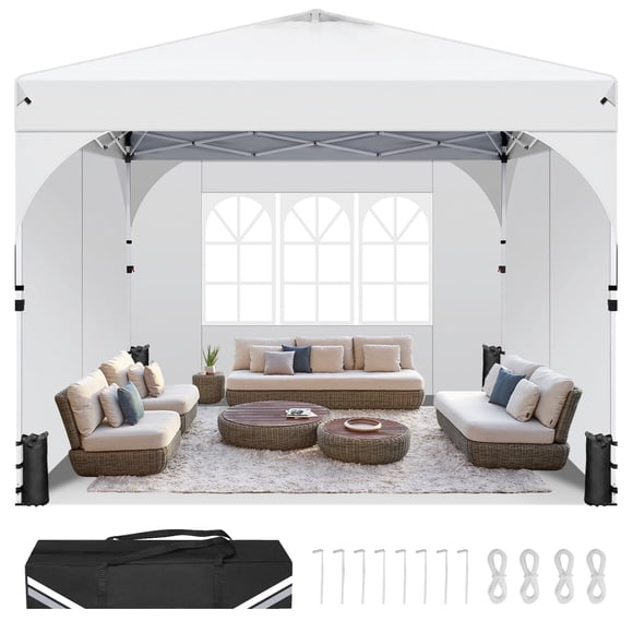 SANOPY 10'x10' Canopy Tent for Party Tent with One Push Central Button&Air Vent Instant Pop Up Canopy Tent with Sidewalls&Sandbags Ez Up Pop up Party Canopy Tent with Carry Bag, White