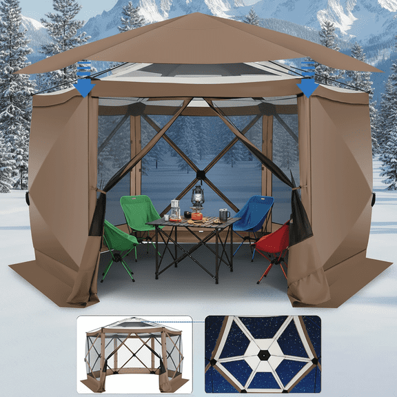 SANOPY 12'x12' Pop up Gazebo with Starry Sky Covered Gazebo 6-Sided Mosquito Netting and Sidewalls Pop up Screen Gazebo Tent Camping Gazebo Instant Shelter for Deck and Lawns, Brown