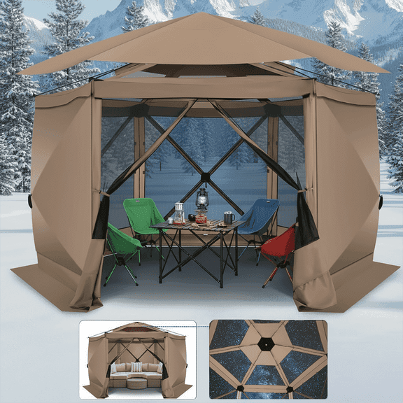 SANOPY 12'x12' Pop up Gazebo with Starry Sky Covered Gazebo 6-Sided Mosquito Netting and Sidewalls Pop up Screen Gazebo Tent Camping Gazebo Instant Shelter for Deck and Lawns, Khaki