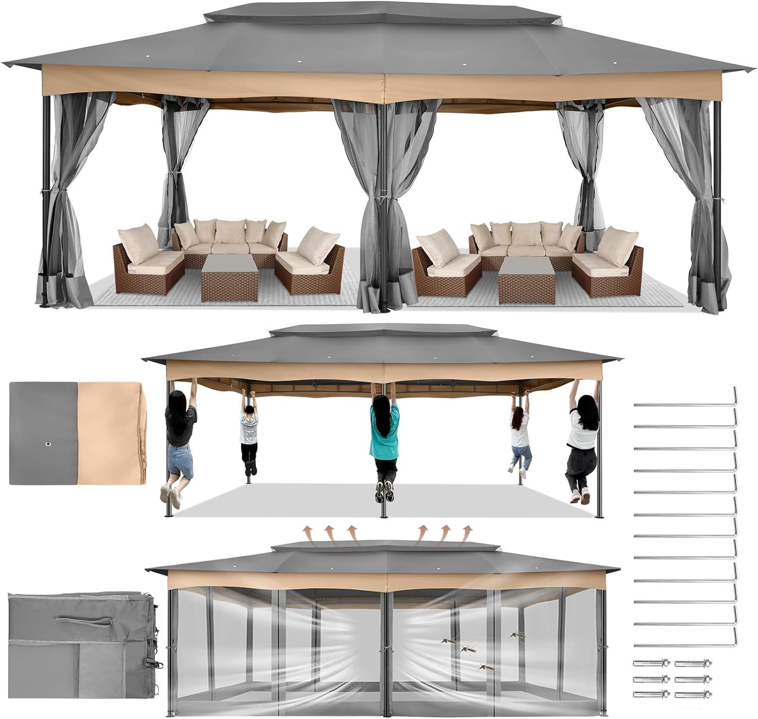 SANOPY 12'x20' Metal Patio Gazebo for Backyard with Mesh Privacy