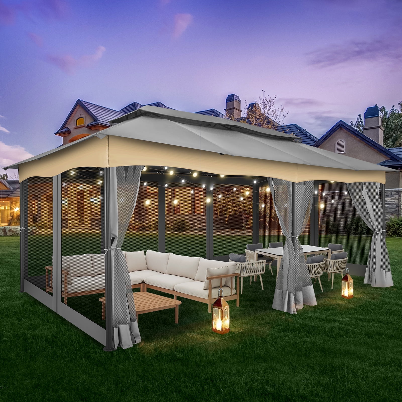 Gray 12x20 Heavy Duty Outdoor Gazebo with Curtains and Netting