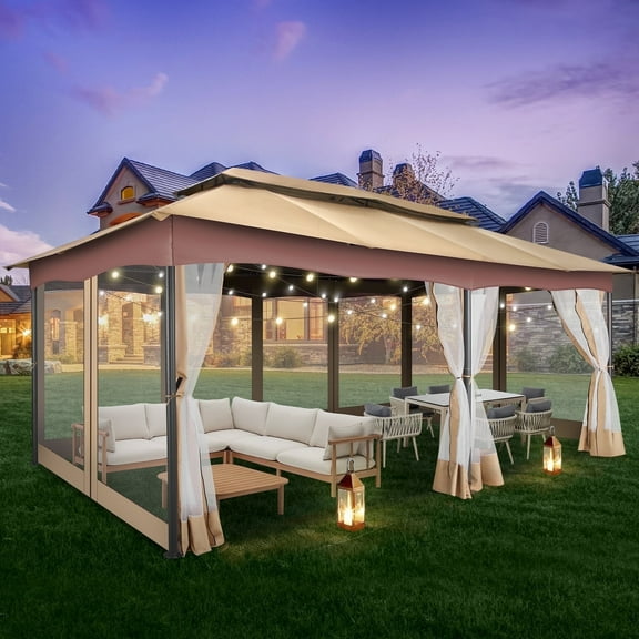 SANOPY 12'x20' Gazebo Pavilions Patio Outdoor Gazebo Canopy Tent with Netting Heavy Duty Gazebos Shelter with Metal Steel for Patio, Party, Backyard, Deck, Garden, Tailgate, Khaki