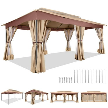 SANOPY 12X20 Heavy Duty Outdoor Gazebo with Mosquito Netting and Curtains, Canopy Tent Deck Gazebo with Double-Flat Roof Ventiation and Metal Steel Frame Suitable for Lawn, Backyard, Patio