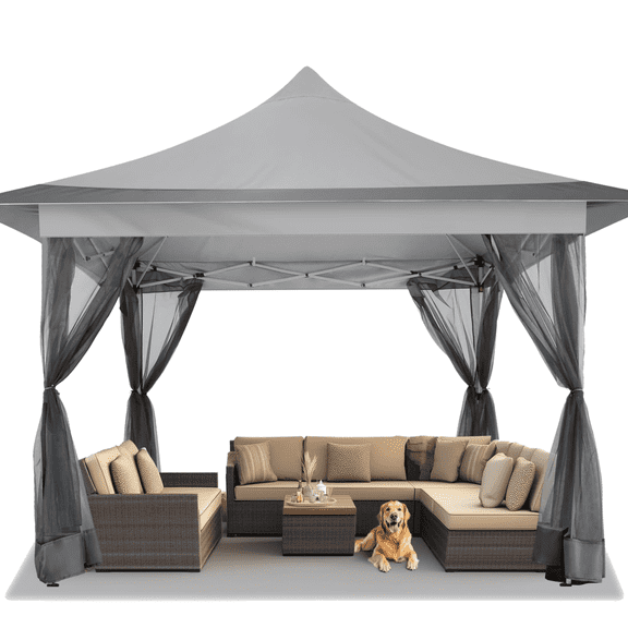 SANOPY 12x12FT Pop Up Gazebo with Netting, Instant Patio Gazebo with Peaked Canopy Roof for Shade UPF 50+ for Garden Backyard Gazebo Tent, Light Gray