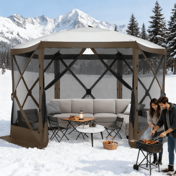 SANOPY 12x12ft Gazebo Outdoor Pop up Screen Gazebo Tent with 6 Sides Mosquito Netting Camping Gazebo Instant Shelter Glamping Tent with Carry bag, Ground Spike, Brown