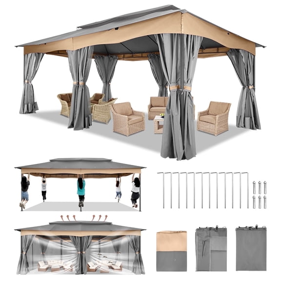 SANOPY 12x20ft Heavy Duty Gazebo with Metal Steel Frame Sturdy Tent with Privacy Curtain and Mosquito Netting Outdoor Gazebo for Garden, Lawn, Backyard, Garage,Gray
