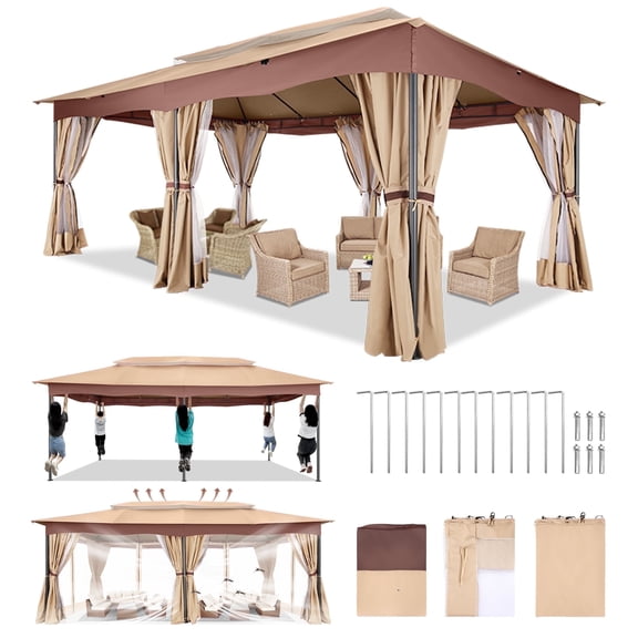 SANOPY 12x20ft Heavy Duty Gazebo with Metal Steel Frame Sturdy Tent with Privacy Curtain and Mosquito Netting Outdoor Gazebo for Garden, Lawn, Backyard, Garage,Khaki