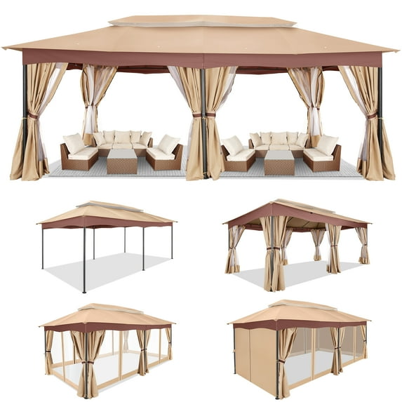SANOPY 12x20ft Heavy Duty Gazebo with Metal Steel Frame Sturdy Tent with Privacy Curtain and Mosquito Netting Outdoor Gazebo for Garden, Lawn, Backyard, Garage,Khaki