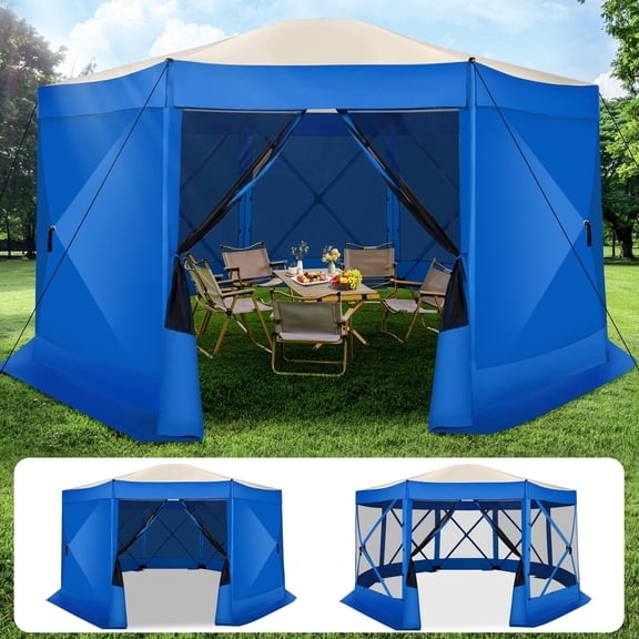 SANOPY 15'x15' Pop up Gazebo 8-Sided Outdoor Screen Gazebo with Netting & Sidewalls Camping Gazebo Instant Shelter Glamping Tent w/ Carrying Bag for Backyard Garden, Blue