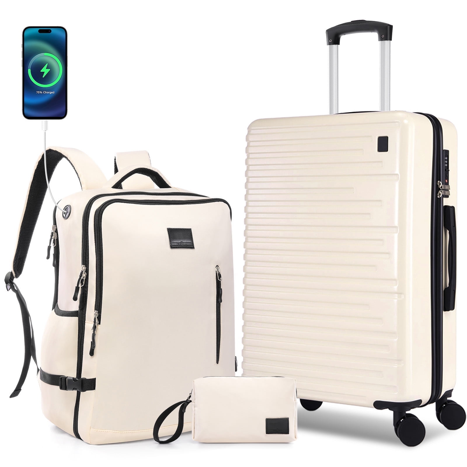 SANOPY 3 Piece Luggage Sets, ABS+PC Carry on Luggage with Backpack, Lightweight Suitcase Set Spinner Wheel TSA Lock, Beige