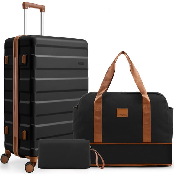 SANOPY Luggage Sets 3 PCS, ABS Lightweight Suitcase Dual-Spinner Wheel TSA Lock, Hardshell Carry on Luggage with Expandable Travel Bag, Black