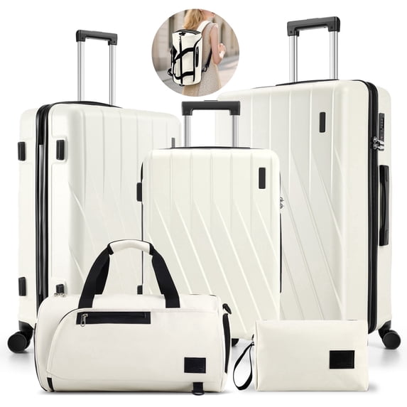 SANOPY 5-Piece Luggage Set: 20"+24"+28" PC Luggage Hardshell Carry on Suitcase with Spinner Wheels & TSA Lock + Cosmetic Bag & Versatile Fitness Duffel