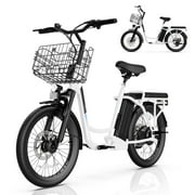 SANOPY 350W Electric Scooter with Seat, Up to 18 Miles Range 20 Mph, 20*1.95" Tires Step Thru Electric Bike，48V 5.2Ah Removable Battery, Rear Brushless High Speed Motor, White